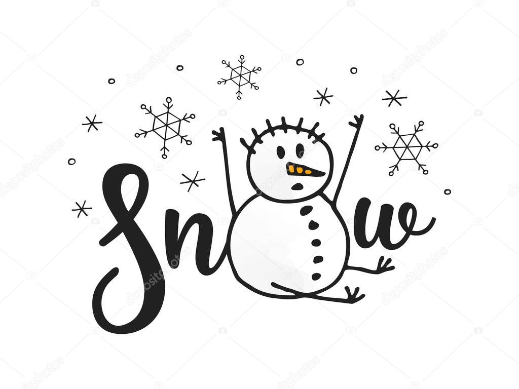 A sitting snowman catches falling snowflakes. Winter vector illustration. New Year 2022. Merry Christmas. Hand drawn doodle style.