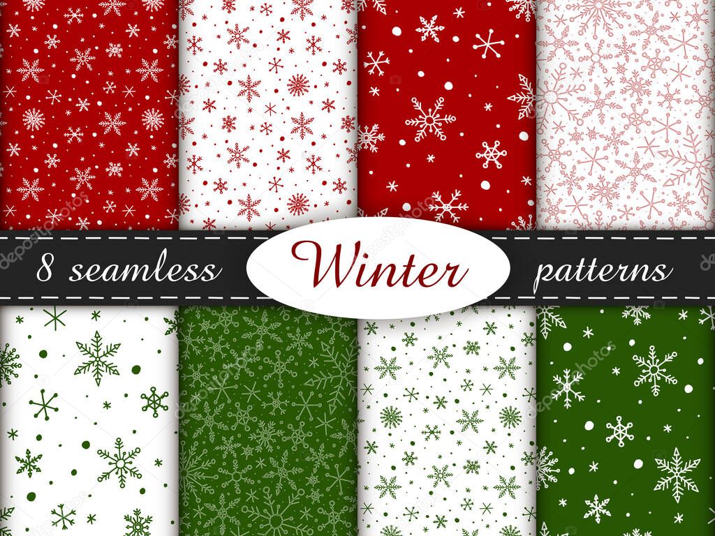 Set of 8 simple seamless patterns. Colored winter endless backgrounds with snowflakes. White, red and green backgrounds.
