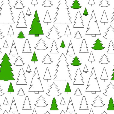 Basit Noel ağaçlarının kusursuz deseni. Sonsuz kış geçmişi. Vektör çizimi. Beyaz arka planda çok renkli Noel ağaçları.