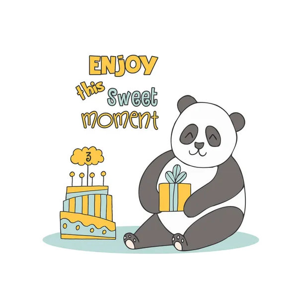 Handgezeichnete Niedliche Tiere Mit Schriftzug Panda Mit Geschenk Kuchen Mit — Stockvektor