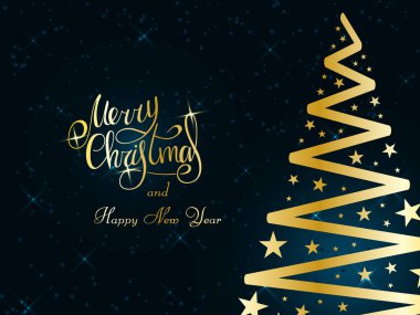Koyu mavi arka planda el yazısıyla yazılmış altın harfler. Yıldızlı sihirli altın Noel ağacı. Mutlu Noeller ve mutlu yıllar 2022.