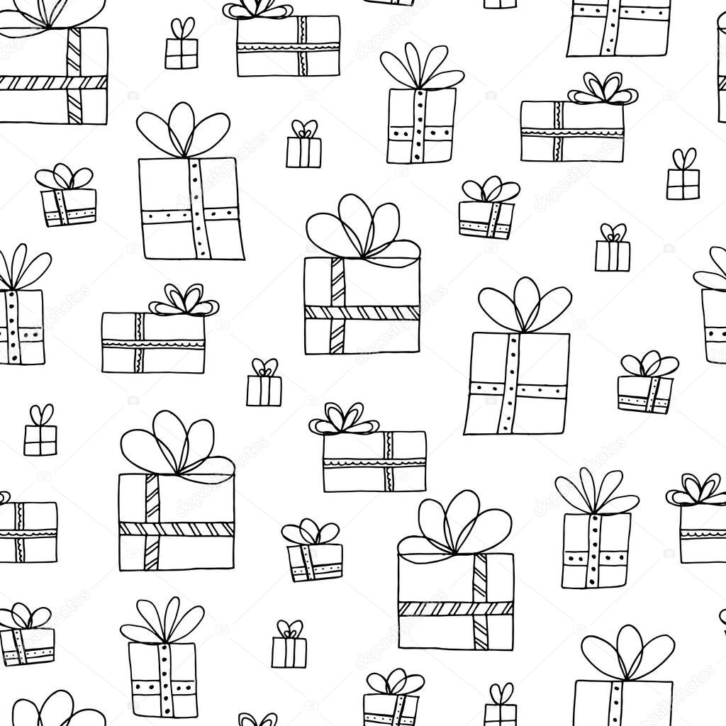 Seamless pattern in doodle style. Winter endless illustration is hand-drawn. Happy New Year 2022 and Merry Christmas. Gifts with bows and ribbons.