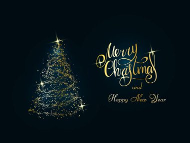 Koyu mavi arka planda el yazısıyla yazılmış altın harfler. Kar taneleri ve kar fırtınalarından oluşan sihirli altın Noel ağacı. Mutlu Noeller ve mutlu yıllar 2022.