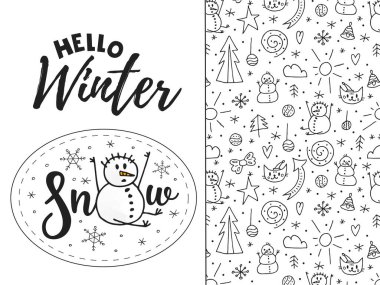 Oturan bir kardan adam düşen kar tanelerini yakalar. Kış elementlerinin kusursuz deseni. Kış vektör çizimi. Yeni yıl 2022. Mutlu noeller. El çizimi karalama biçimi.