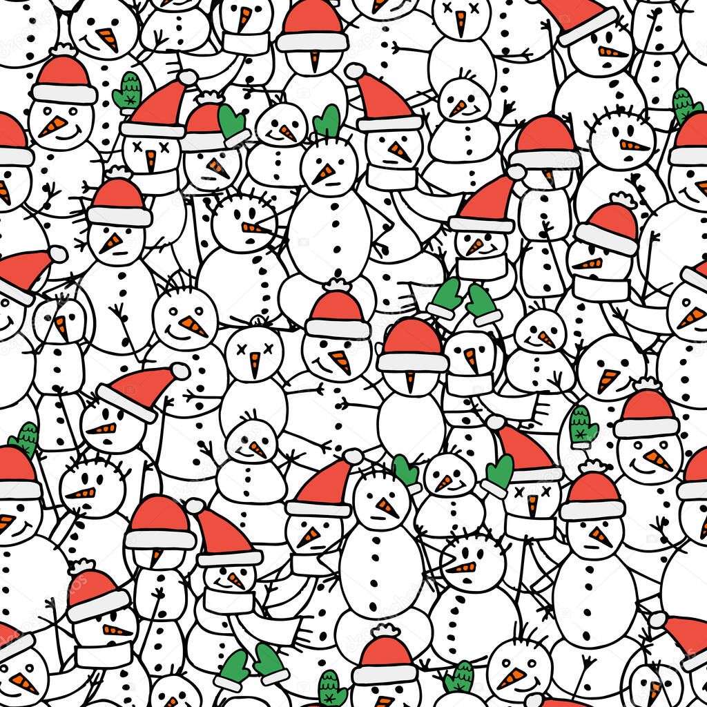 Seamless pattern in doodle style. Winter endless illustration is hand-drawn. Happy New Year 2022 and Merry Christmas. Black and white snowmen in red hats, green mittens and with an orange nose.