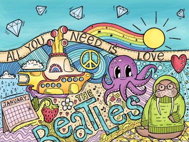 Beatles şarkıları. El yapımı zendoodle, zen sanatı. İhtiyacın olan tek şey aşk. Ahtapotun Bahçesi. Sarı Denizaltı. Beatles Günü - 16 Ocak. Sonsuza dek çilek tarlaları. Lucy elmasla gökyüzünde.
