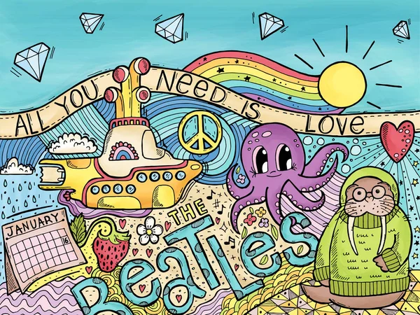 Písně Beatles Ručně Kreslený Zendoodle Zen Art Vše Potřebuješ Láska — Stockový vektor