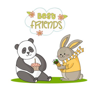 Sarı ceketli komik tavşancık ve çizgili şallı eşarp ve kekli panda. Elle çizilmiş karalama çizimi. En İyi Arkadaşlar.