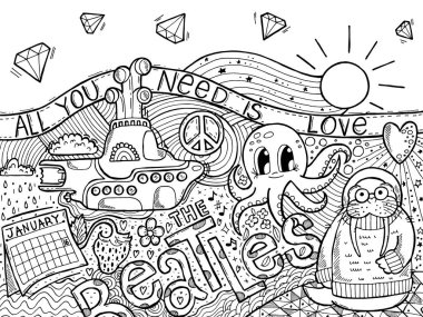 Beatles şarkıları. El yapımı zendoodle, zen sanatı. İhtiyacın olan tek şey aşk. Ahtapotun Bahçesi. Sarı Denizaltı. Beatles Günü - 16 Ocak. Sonsuza dek çilek tarlaları. Lucy elmasla gökyüzünde.