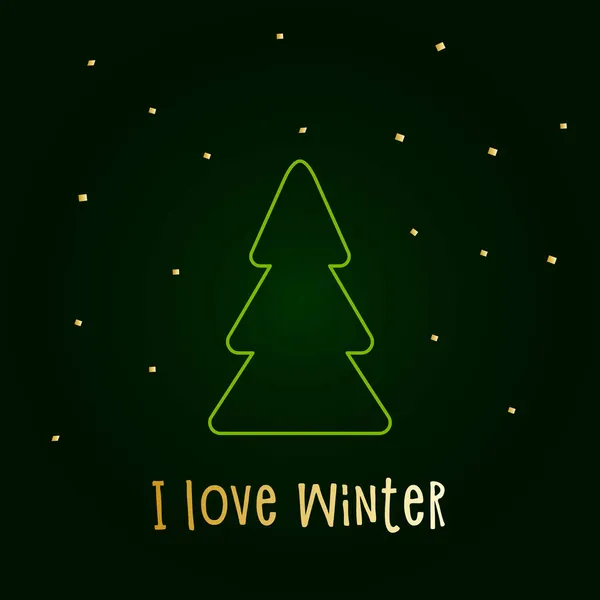 Green Silhouette Christmas Tree Snow Golden Stars Merry Christmas Happy — Stock Vector