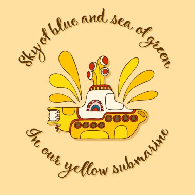 Sarı denizaltı karalama tarzında. Harflerle el çizimi logo.