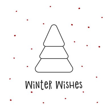 Kırmızı karlı bir Noel ağacının siyah silueti. Mutlu Noeller ve mutlu yıllar 2022. Vektör çizimi. Kış Dilekleri.