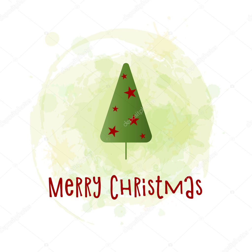 Green silhouette of a Christmas tree with red stars on a watercolor background. Merry Christmas and Happy New Year 2022. Vector illustration.
