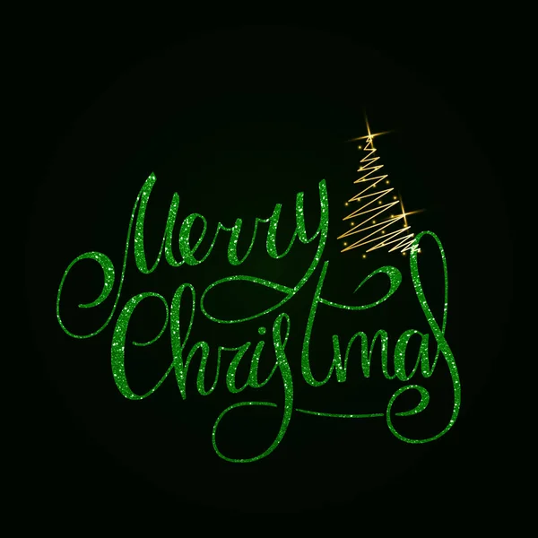 Frohe Weihnachten Grüner Handgeschriebener Schriftzug Mit Goldenem Weihnachtsbaum Auf Dunklem — Stockvektor
