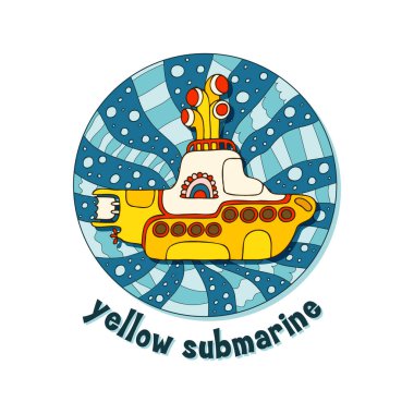 Sarı denizaltı karalama tarzında. Harflerle el çizimi logo.