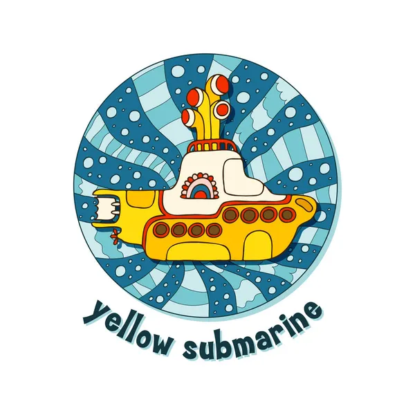 Submarino Amarelo Estilo Doodle Logotipo Desenhado Mão Com Letras — Vetor de Stock