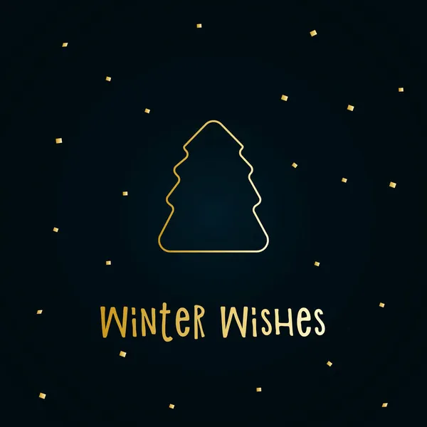 Goldene Silhouette Eines Weihnachtsbaums Mit Schnee Auf Dunkelblauem Hintergrund Frohe — Stockvektor
