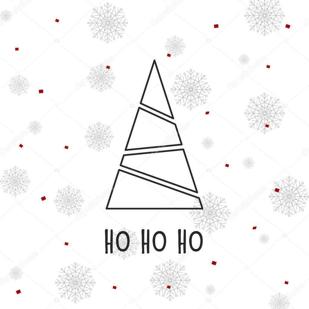 Black silhouette of a Christmas tree with gray snowflakes and red snow. Merry Christmas and Happy New Year 2022. Vector illustration. Ho ho ho.