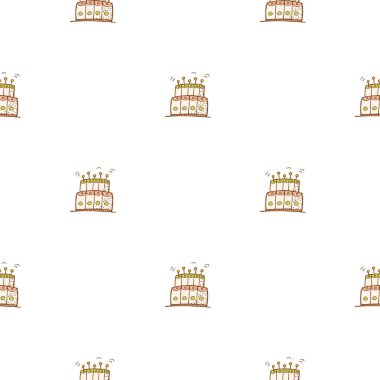 El çizimi pürüzsüz desen. Doodle tarzı. Kutlama elementleri. Mumlu kek. Beyaz arka plan. Vektör.