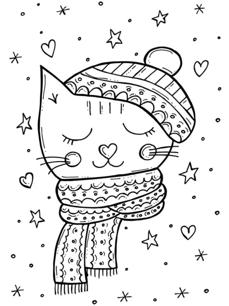 Dětská Omalovánka Ručně Kreslené Zimní Vektorové Ilustrace Veselé Vánoce2022 Kočka — Stockový vektor