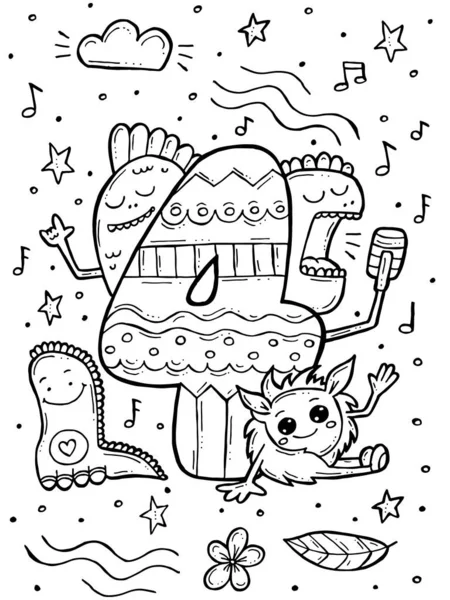 Gyerekkifestőkönyv Kézzel Rajzolt Firka Vektor Illusztráció Számokkal Állatokkal Négy Aranyos — Stock Vector