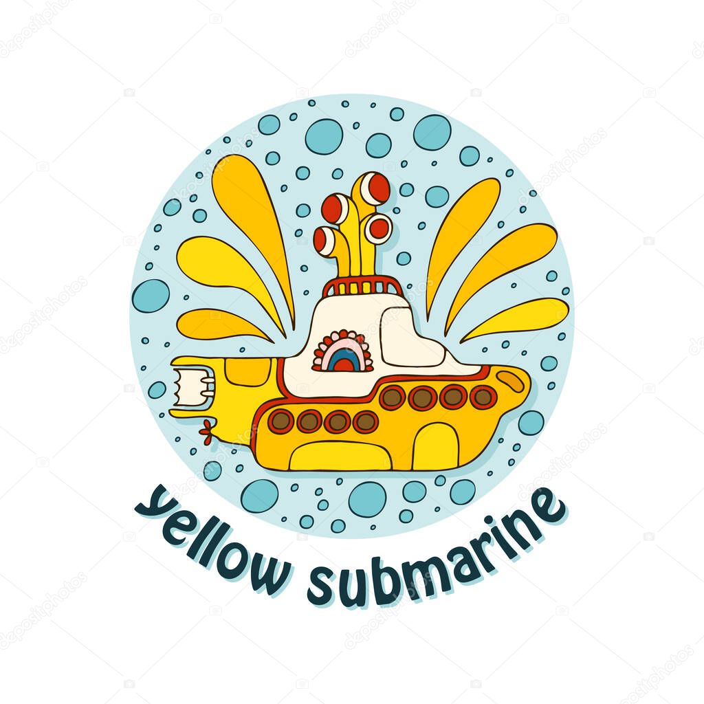 Yellow submarine in doodle style. Hand drawn logo with lettering.