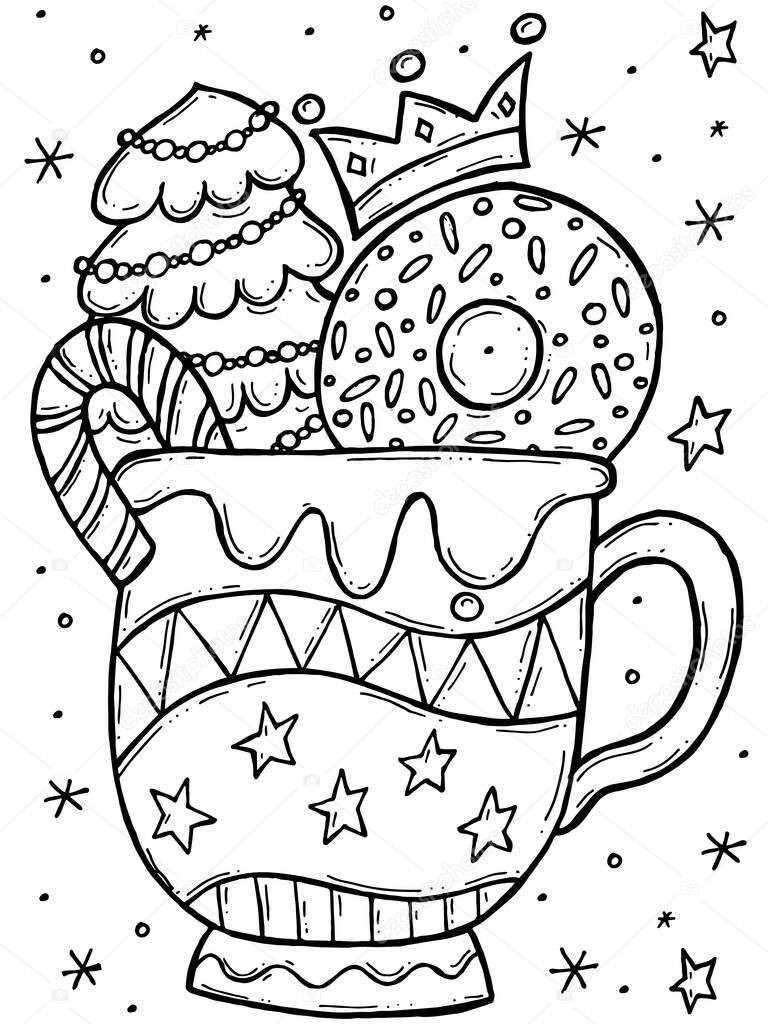 Children's coloring book. Hand-drawn doodle winter vector illustration. Merry Christmas 2022. A Christmas tree, a donut, a lollipop and a crown inside a cup with an ornament.