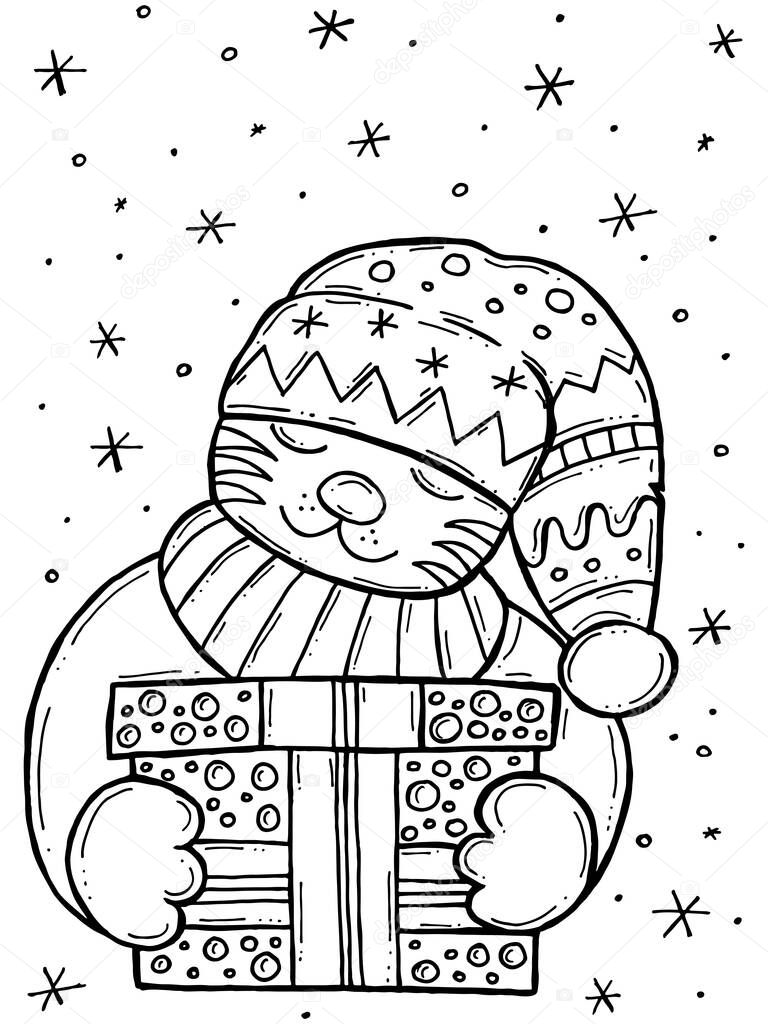 Children's coloring book. Hand-drawn doodle winter vector illustration. Merry Christmas 2022. Symbol of the year. A tiger in a hat and scarf and a gift with circles.
