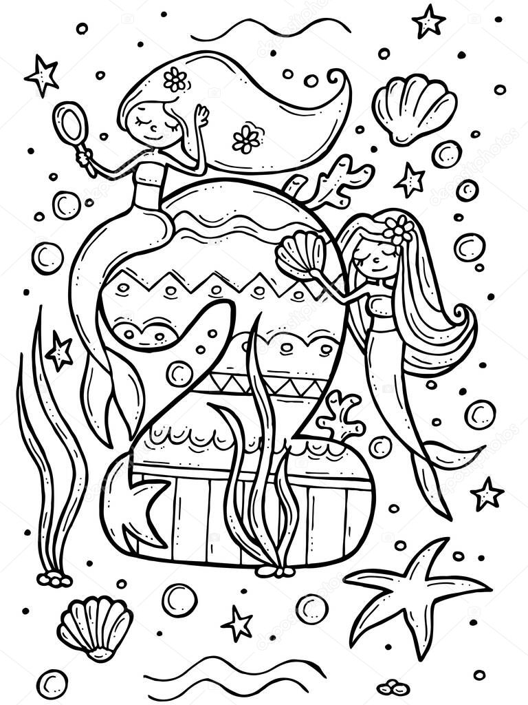 Children's coloring book. Hand-drawn doodle vector illustration with numbers and animals. Two mermaids in the sea with a mirror and a shell.