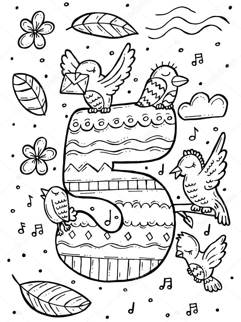 Children's coloring book. Hand-drawn doodle vector illustration with numbers and animals. Five birds listen to singing on the background of flowers and leaves.
