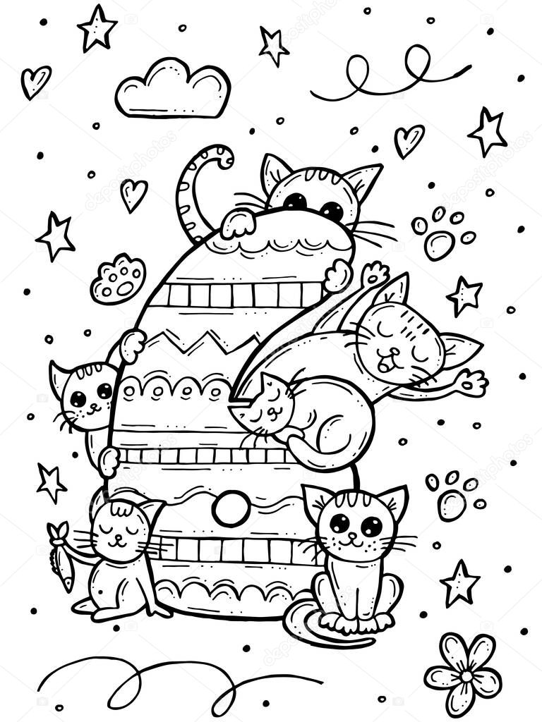 Children's coloring book. Hand-drawn doodle vector illustration with numbers and animals. Six cats with paws, stars and flowers.