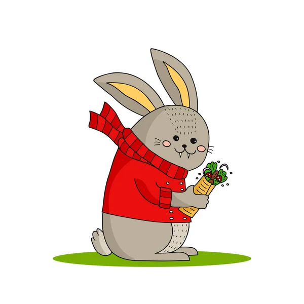Забавный Кролик Красной Куртке Полосатый Шарф Шаурмой Ручной Рисунок Каракулей — стоковый вектор