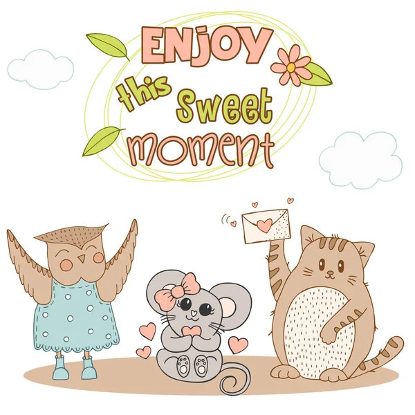 Ręcznie Rysowane Słodkie Zwierzęta Literami Kot Mysz Różową Kokardą Sercem — Wektor stockowy