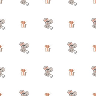 Elle çizilmiş sevimli hayvanlar. Kusursuz desen. Pembe yayı ve kalbi olan bir fare, hediye. Beyaz arka plan. Vektör.