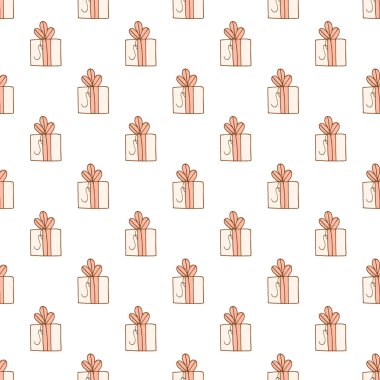 El çizimi pürüzsüz desen. Doodle tarzı. Kutlama elementleri. Pembe hediye. Beyaz arka plan. Vektör.