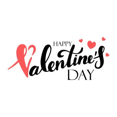 Handwritten lettering on a white background. Happy Valentine s Day. Love and romance. Black lettering on a white background with a pink hearts.