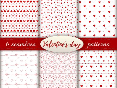 Kalbi olan romantik, pürüzsüz kalıplar. Sevgililer Günün kutlu olsun. Beyaz arkaplanda kırmızı kalpli, noktalı ve yıldızlı 6 desenli bir set..