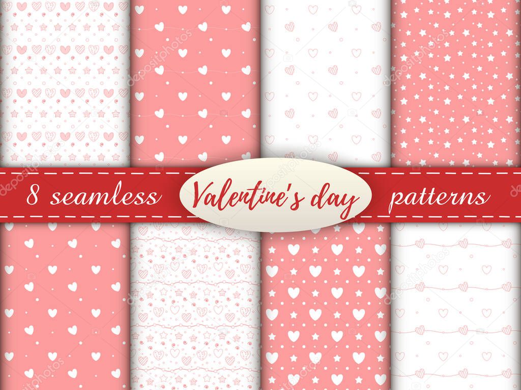Romantic seamless patterns with a heart. Happy Valentine s Day. Set of 8 patterns with a pink and white hearts, dots and stars on a white and pink background.