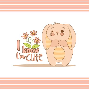 Elle çizilmiş harflerle sevimli hayvanlar. Çizgili kulaklı, göbekli, çiçekli ve yapraklı bir tavşan. Şirin olduğumu biliyorum. Beyaz arka plan. Vektör.