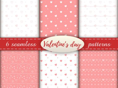 Kalbi olan romantik, pürüzsüz kalıplar. Sevgililer Günün kutlu olsun. Beyaz ve pembe arkaplanda pembe ve beyaz kalpler, noktalar ve yıldızlardan oluşan 6 desenli bir set..