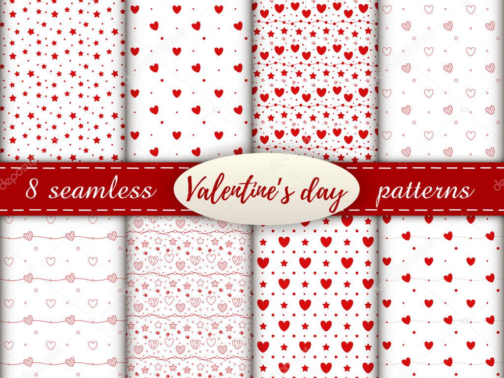 Romantic seamless patterns with a heart. Happy Valentine s Day. Set of 8 patterns with a red hearts, dots and stars on a white background.
