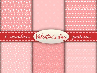 Kalbi olan romantik, pürüzsüz kalıplar. Sevgililer Günün kutlu olsun. Pembe arka planda beyaz kalpli, noktalı ve yıldızlı 6 desenli bir set..