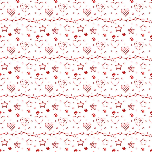 Romantic Seamless Pattern Heart Happy Valentine Day Red Outline Hearts — Stock Vector