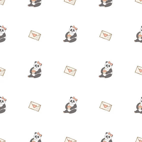Handgezeichnete Niedliche Tiere Nahtloses Muster Panda Cupcake Mit Kerze Umschlag — Stockvektor