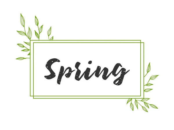 Spring Lettering Vector Illustration Texture White Background Frame Green Branches — Stock Vector