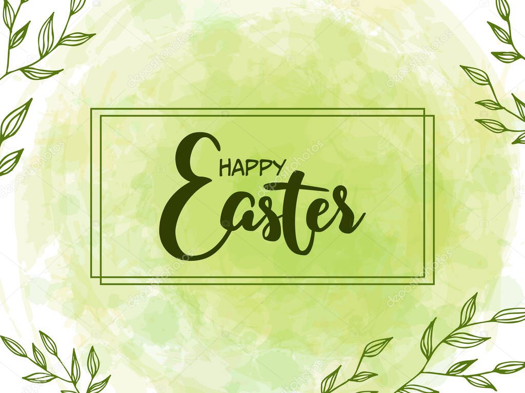 Spring lettering. Vector illustration with texture on a white background. Happy Easter. A frame of green branches and leaves on a watercolor backround.