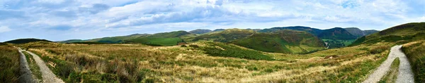 Panoramic scene on the black graded Syfydrin mountain biking trail from the Nant yr Arian visitor centre. Taken between Bryn Brith on the right leading to Moel Golomen overlooking Cwm Ty-nant valley.