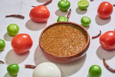 Masada geleneksel Meksika salsası yapmak için gerekli malzemeler. Sağlıklı Meksika yemekleri konsepti.