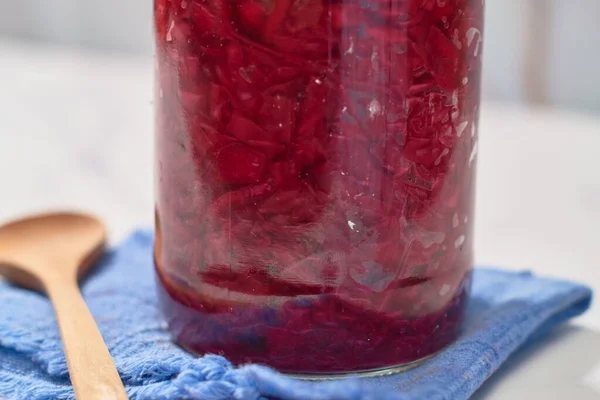 Homemade Red Cabbage Sauerkraut Glass Jar — Stock Photo, Image