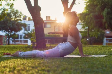 Latin genç kadın parkta yoga yapıyor.